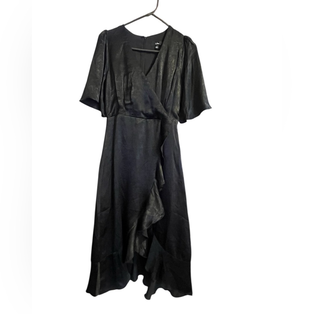 Lulus Womens Midi Dress Size S Black Satin Wrapped Up V-Neck Flutter Sleeve NWT